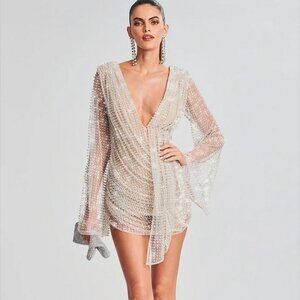 Sheer Embellished V-Neck Mini Dress - Cream